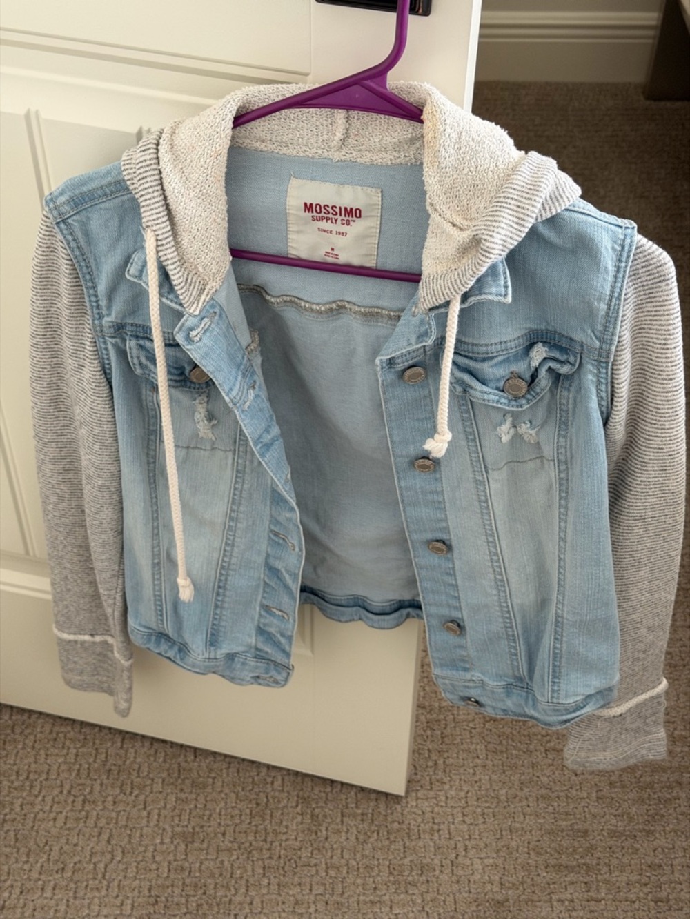 Mossimo Supply Co. Light Blue Denim Jacket with Grey Knit Hood & Sleeves